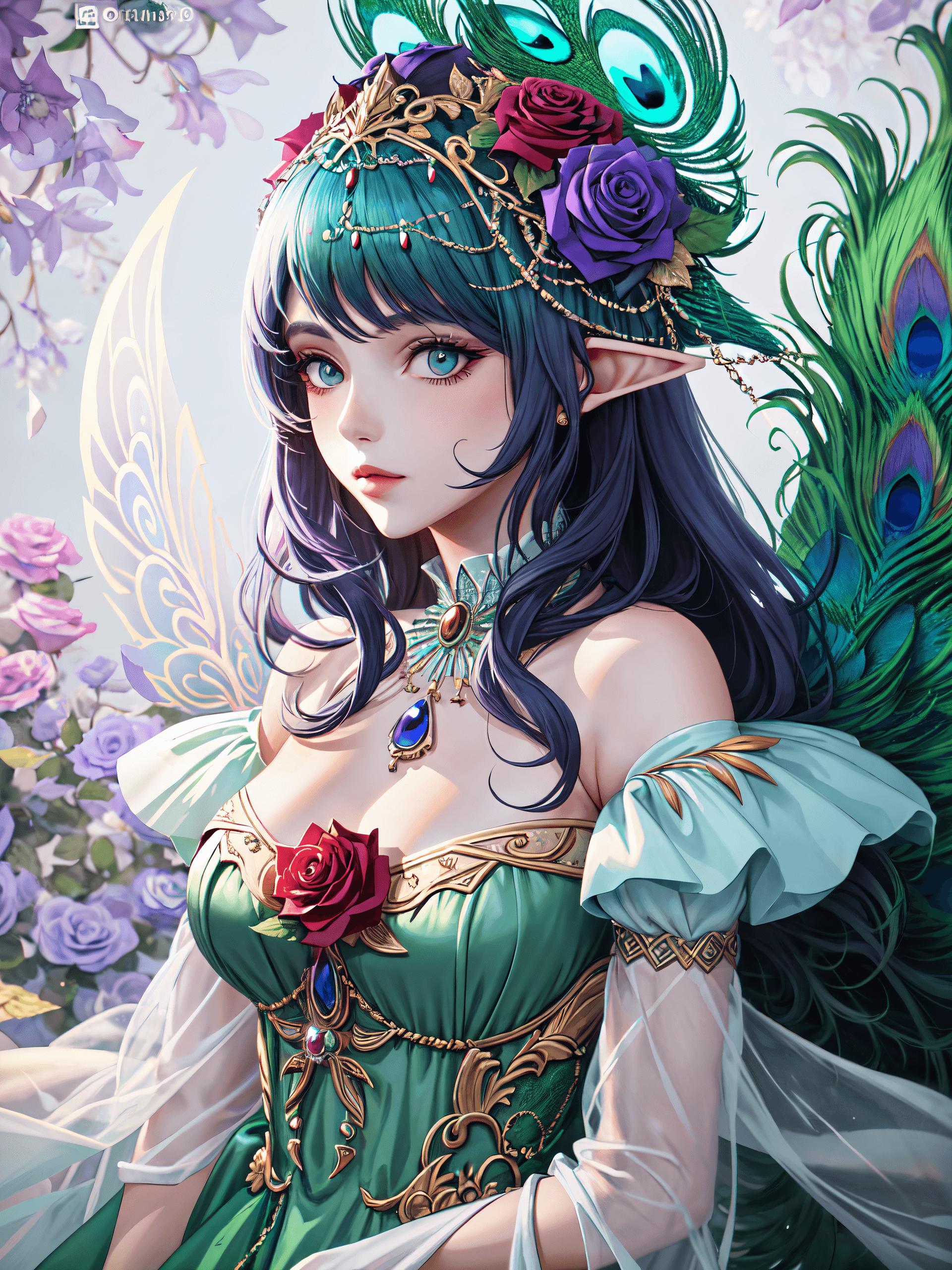 AI generated: Award winning Illustration , peacock fairy goddess, purple roses, facial closeup, warm lighting, ext...