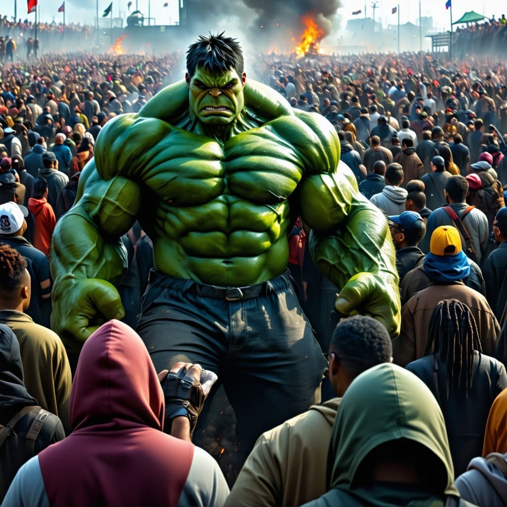 AI generated: millions of hood people versus the hulk, hundreds perish, photorealistic