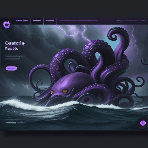 AI generated: UI UX interface design with a purple kraken in a dark, moody wild ocean storm, beautiful colorful cr...