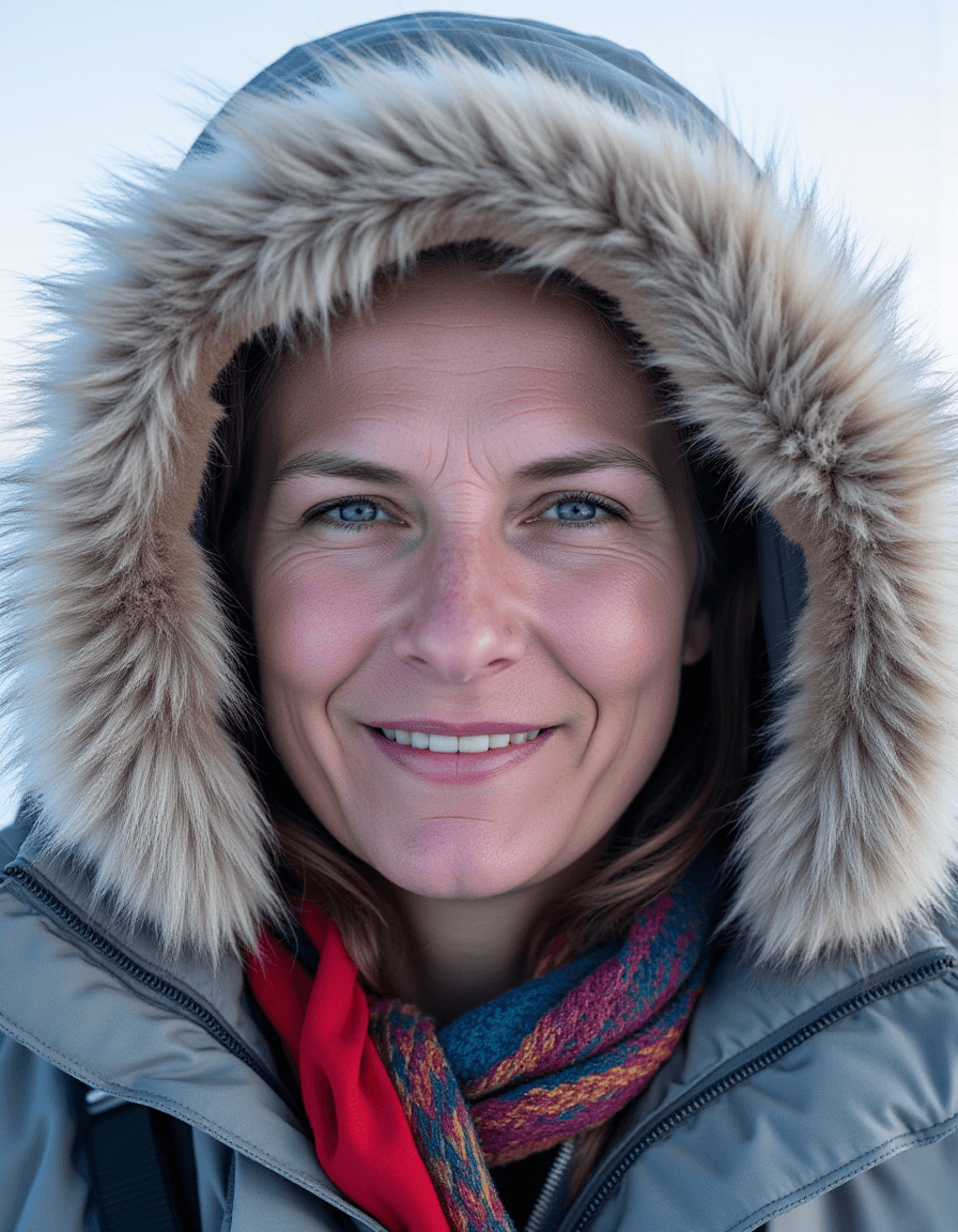 AI generated: A 45-year-old woman, her face framed by a fur-lined hood, stands against the stark beauty of the Arc...