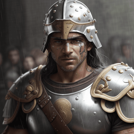 AI generated: A Roman warrior with a defiant battle-ready expression, realistic style, ultra-definition. Detailed ...