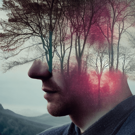 AI generated: Double Exposure Human-Nature, trees, flowers, mountain, sunset, nature mind, expressive creative art...