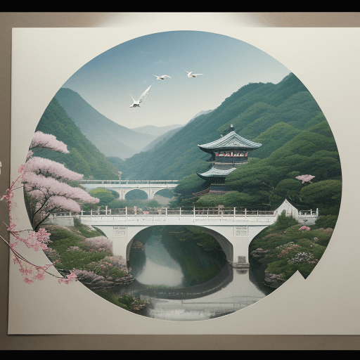 AI generated: There is a bridge over the valley and a white crane passes through the center of the flower paper. K...