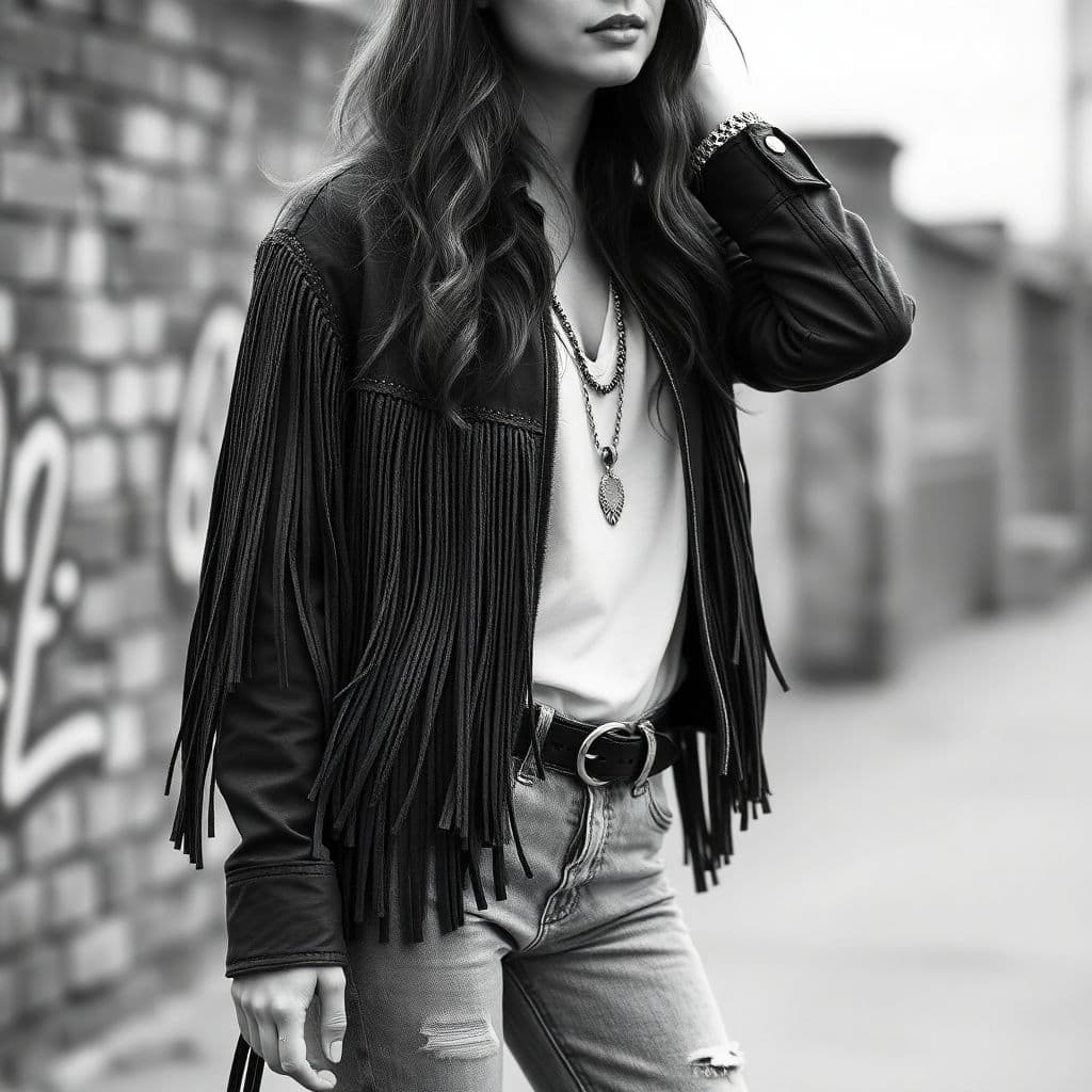AI generated: ubsurdres detail  black and white  style stipulated beautiful hippy women wearing a fringe jacket an...