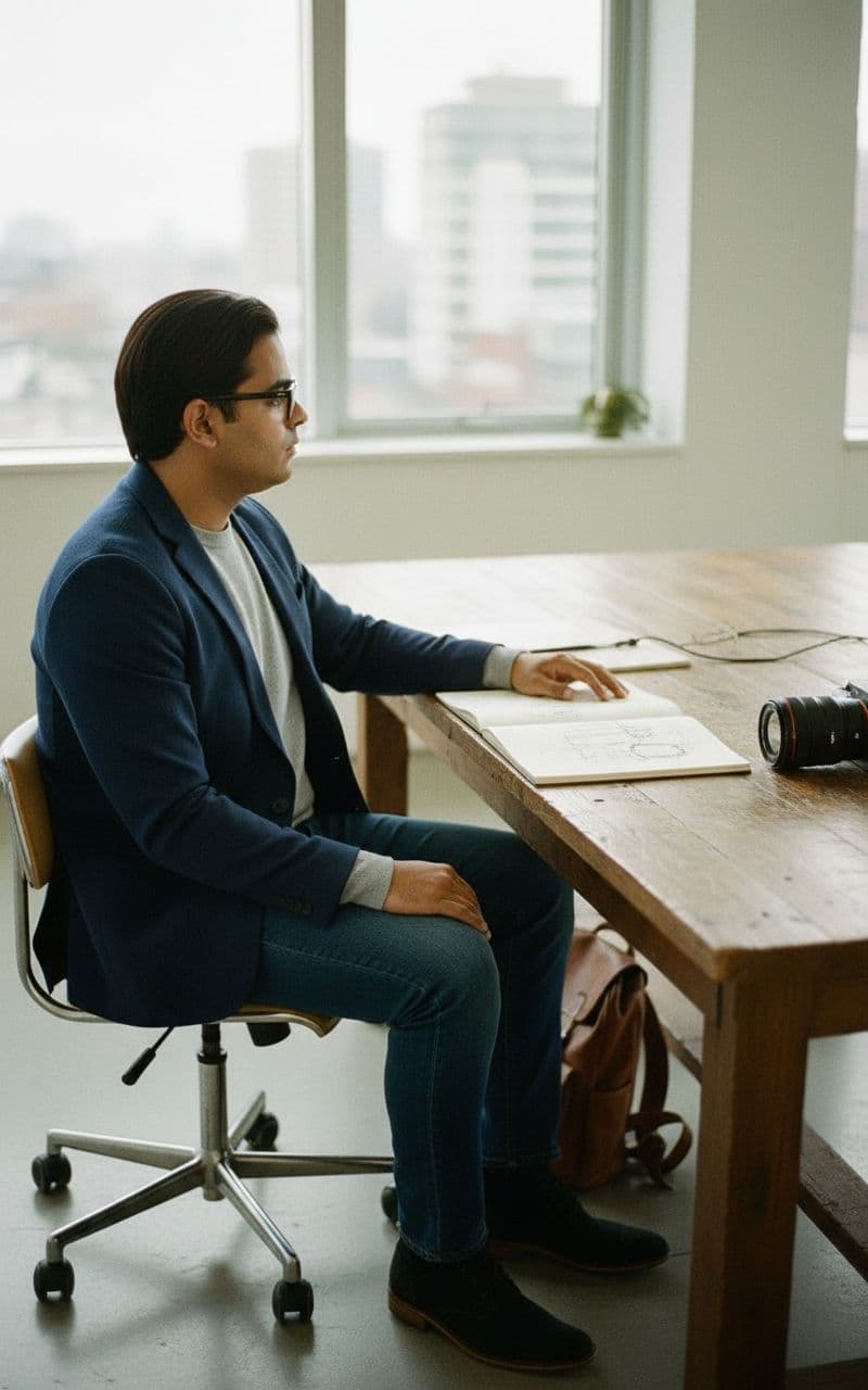 AI generated: Subject: A thoughtful late-20s man. Clothing: Unstructured navy blue blazer, light grey merino wool ...