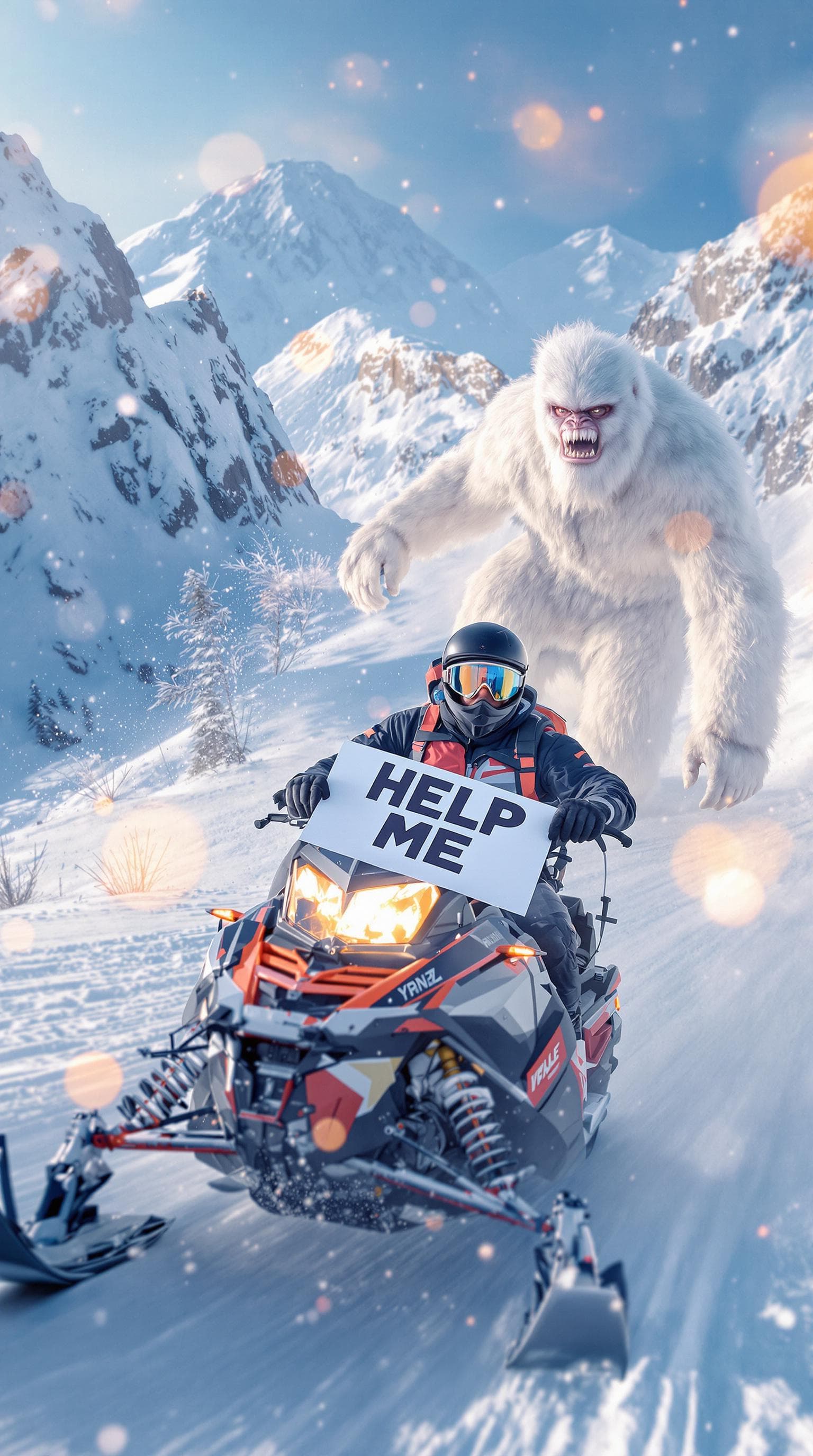 AI generated: a man on a snowmobile holding a sign that says "HELP ME" going down a snowy mountain and behind them...