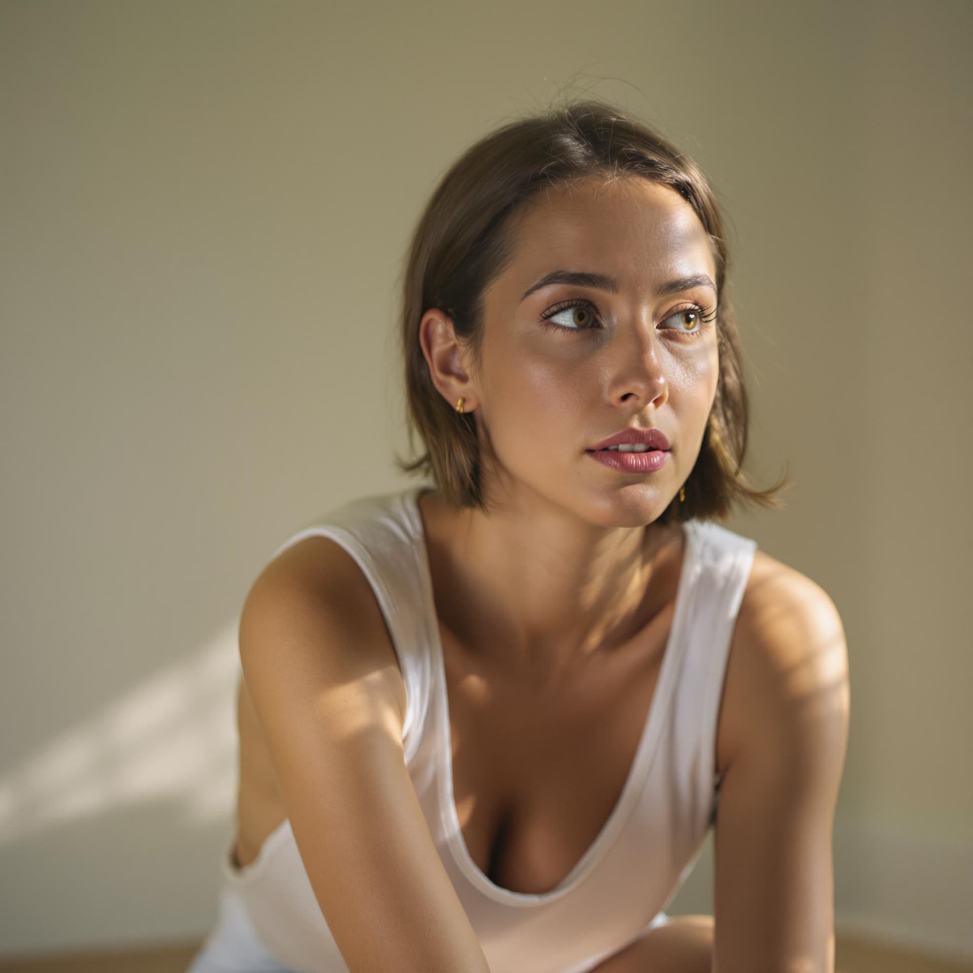 AI generated: This is a photograph of a woman in a moment of quiet contemplation. She is seated on the floor of he...