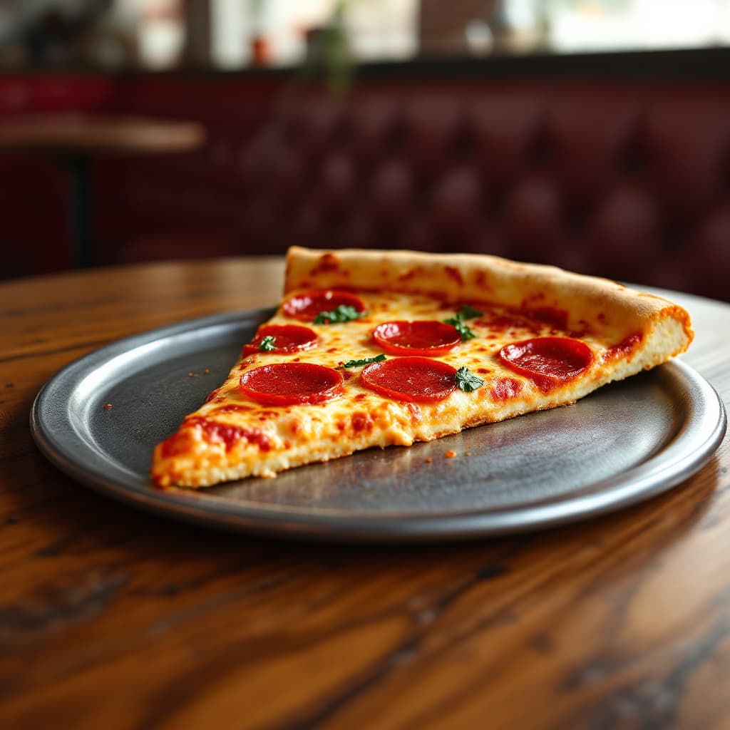 AI generated: hyper-realistic slice of pepperoni pizza on a steel plate at a pizza restaurant