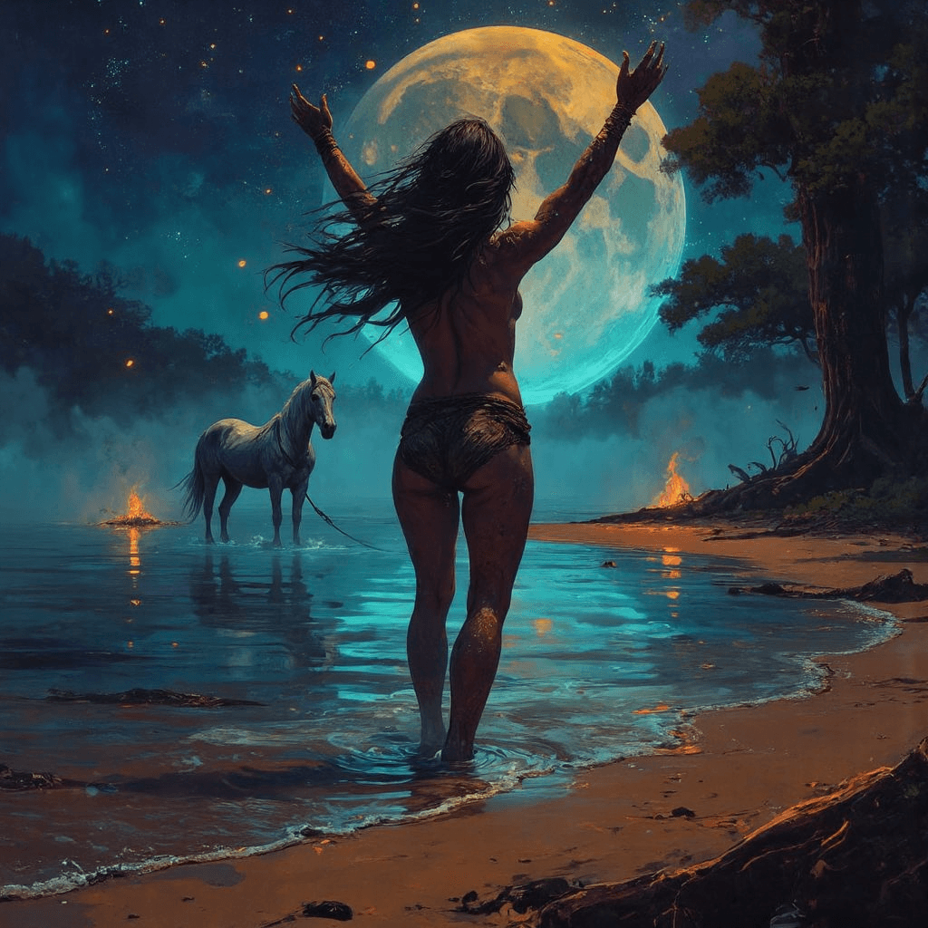 AI generated: In the textured realism of Simon Stålenhag, a moon-worshiping priestess stands ankle-deep in the cal...