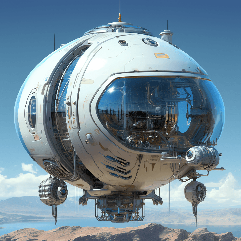 AI generated: spherical ball shaped spaceship bluish hull with ring bead, extended telescopic landing gear, perry ...