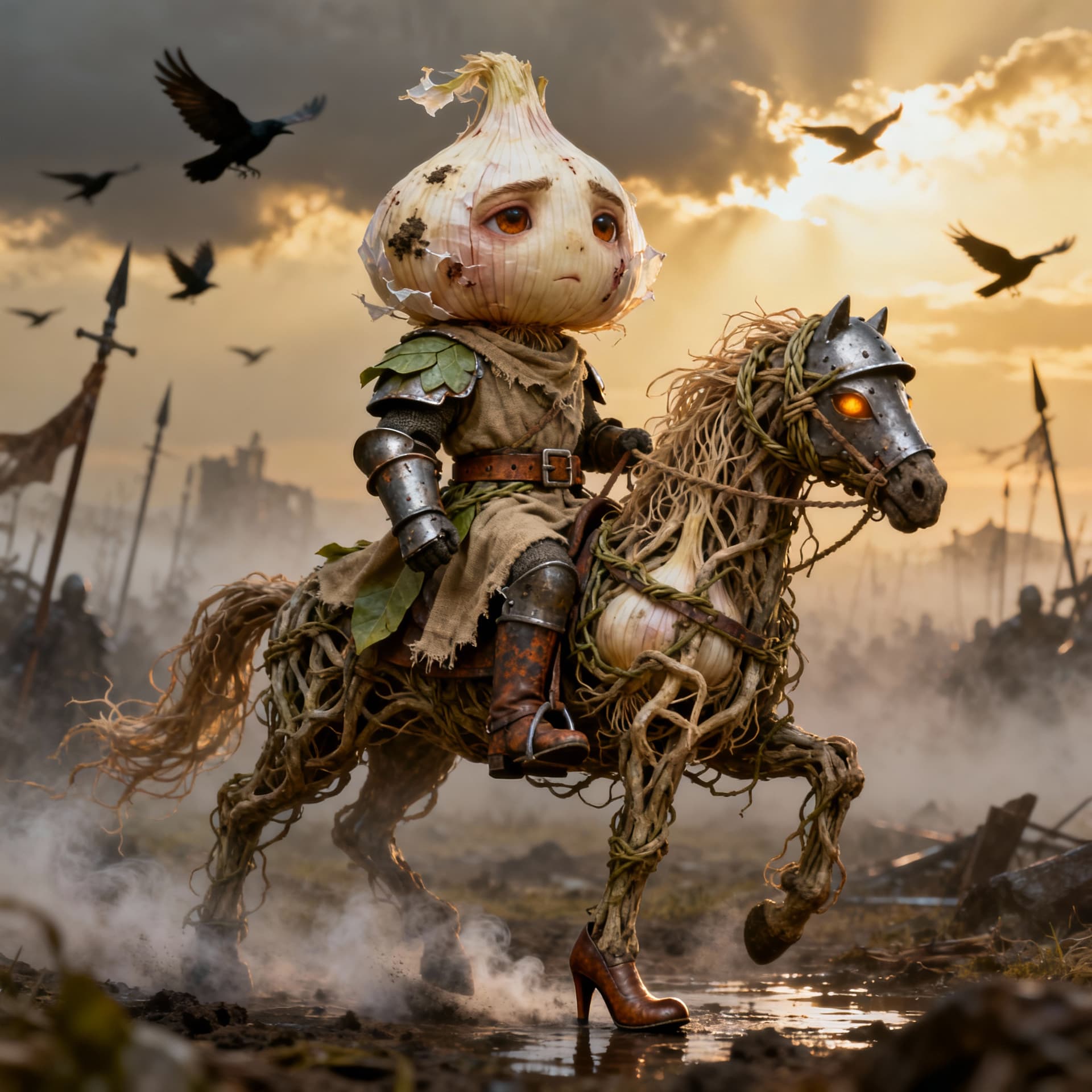 AI generated: “Hyperrealistic miniature garlic knight, knee-high, mounted on a spectral horse made of aged garlic ...