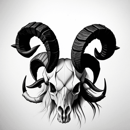 AI generated: Ram skull with horns, black and white drawing, 2d