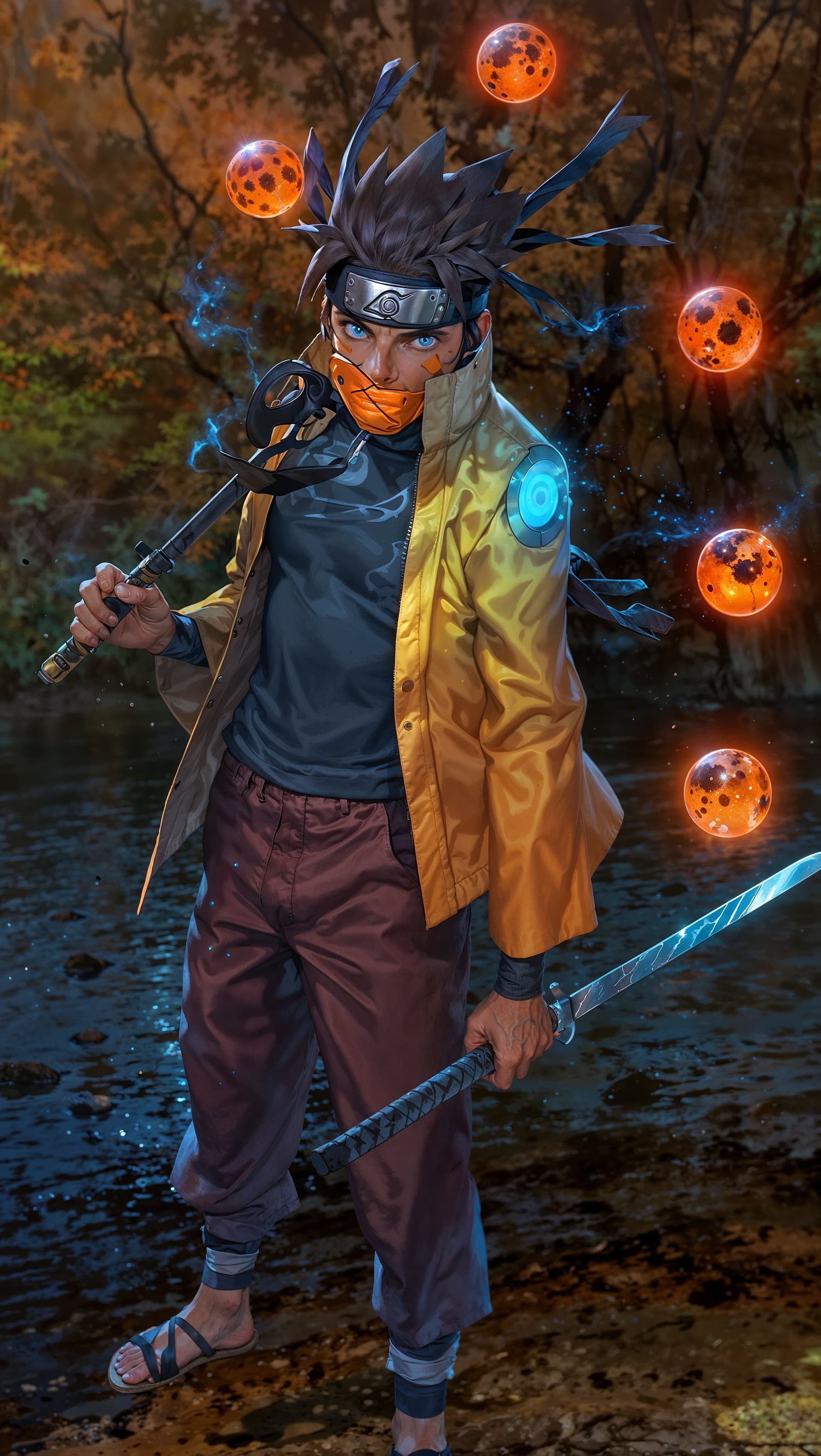AI generated: A Full body photo shot of a majestic epic Naruto dual wielding (katana), samurai style, Japanese cul...