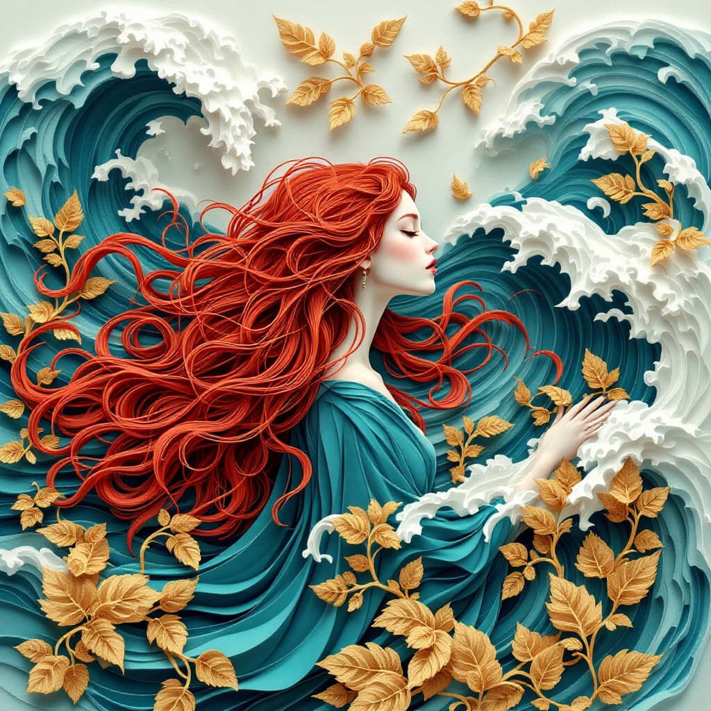 AI generated: Papercut and quilling artwork of a white woman with long red hair wearing flowing teal garments, sta...
