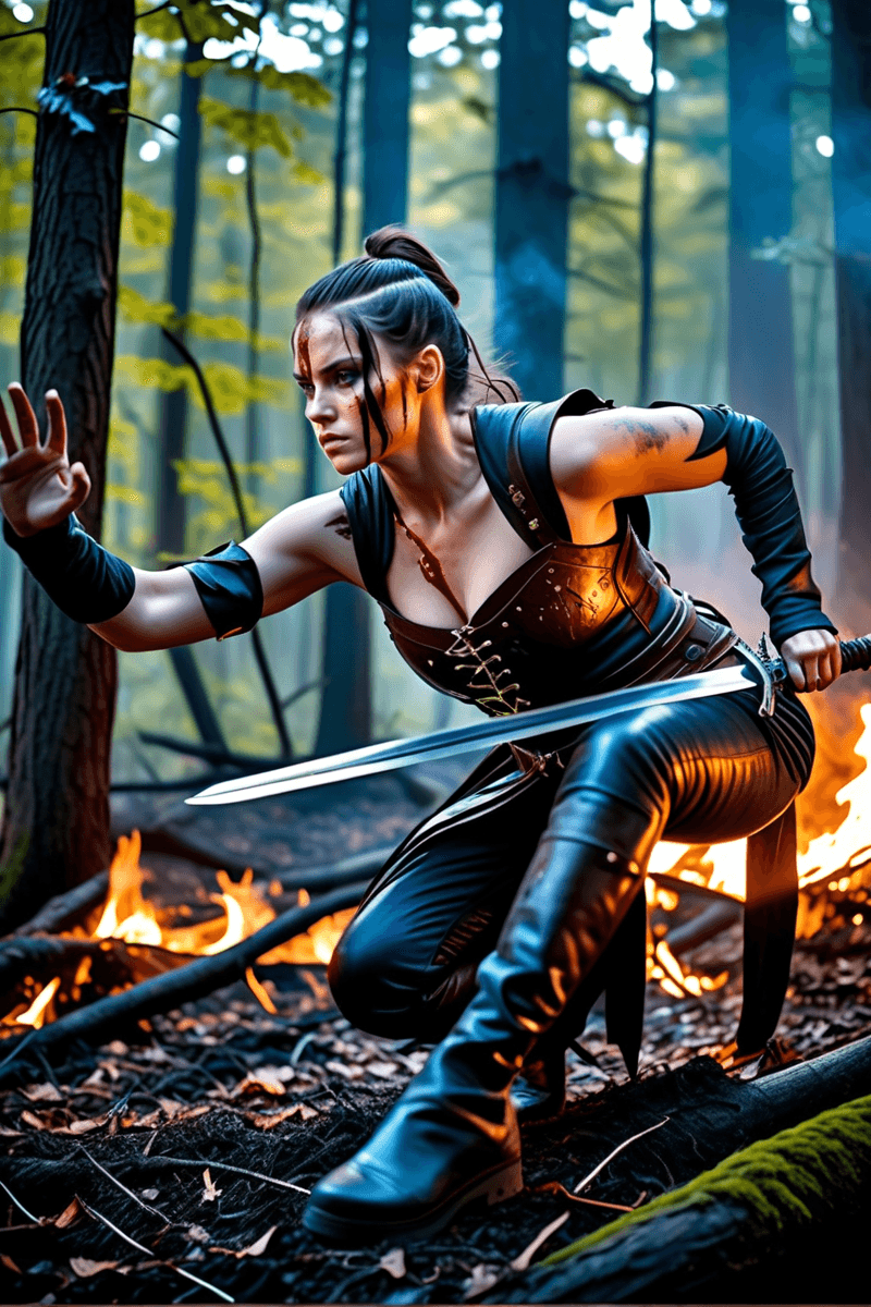 AI generated: Full Body, film still of, a woman with brunette hair wielding a sword covered in dry blood, medieval...