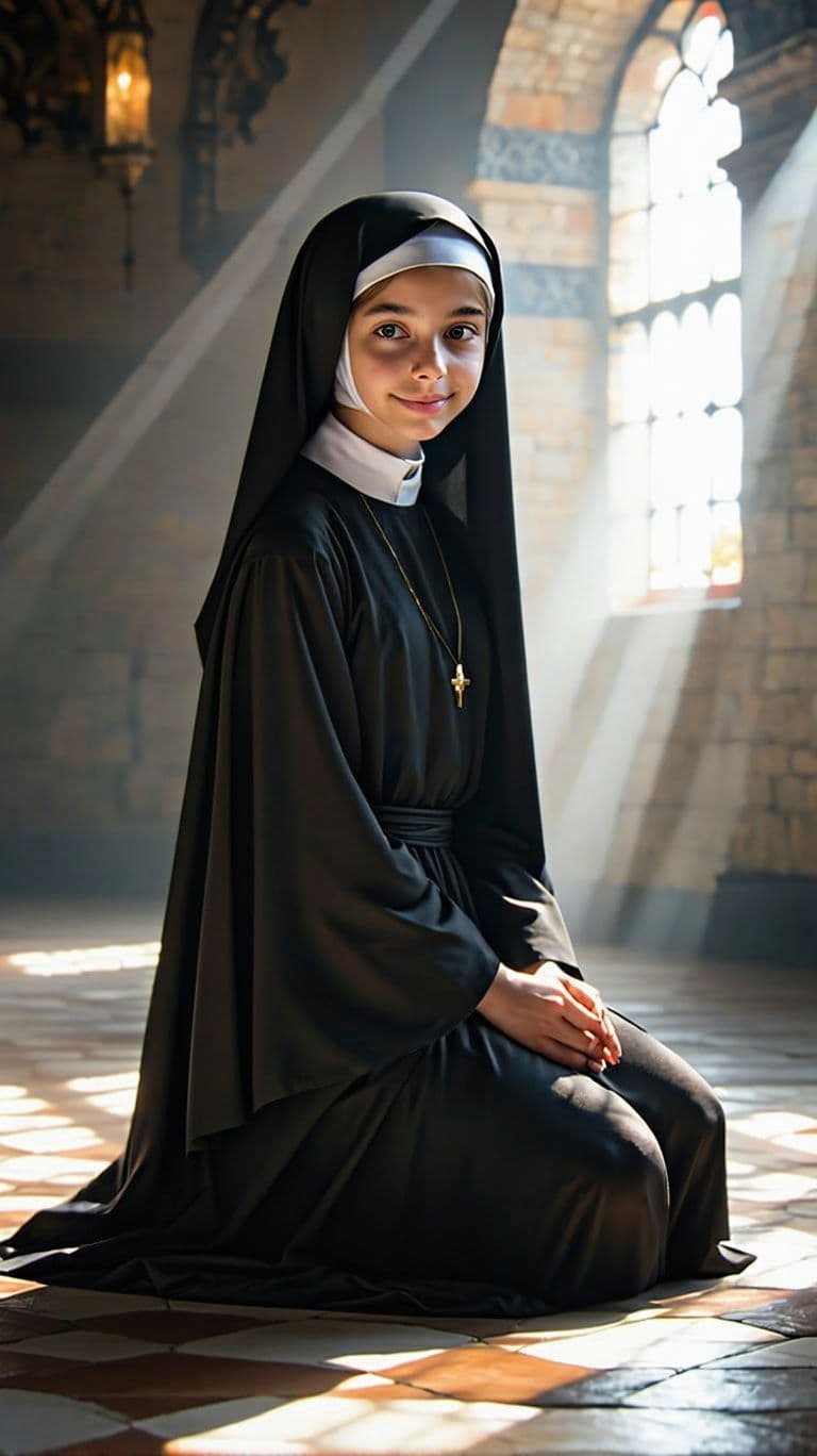 AI generated: Hyper realistic full body view of beautiful 14yo nun kneeling, big breastet, delicate hands with lon...