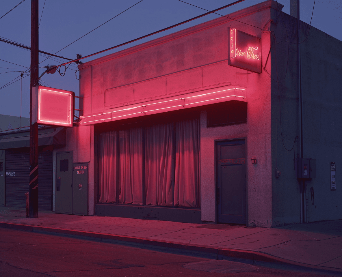AI generated: an exterior facade of a girl's night club, in the style of richard misrach, gary larson, poolcore, w...
