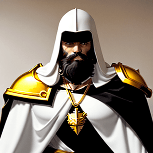 AI generated: A muscular man with a long black beard wearing  white armor with a golden chain from the left should...