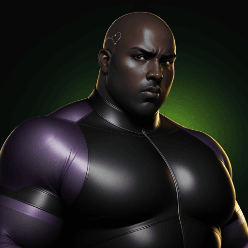 AI generated: Dark skin full figured DJ man with green eyes, he is bald, and his face looks completely black and b...