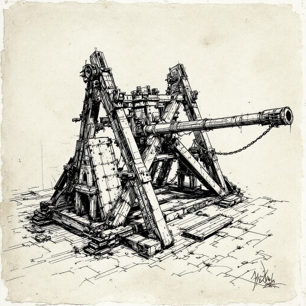AI generated: Artistic sketch of a Trebuchet in the style of da Vinci