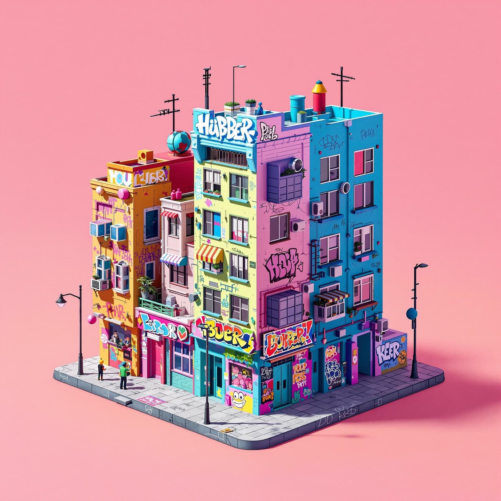 AI generated: 3d illustration hip hop colored urban buildings and with a little graffiti on the walls
