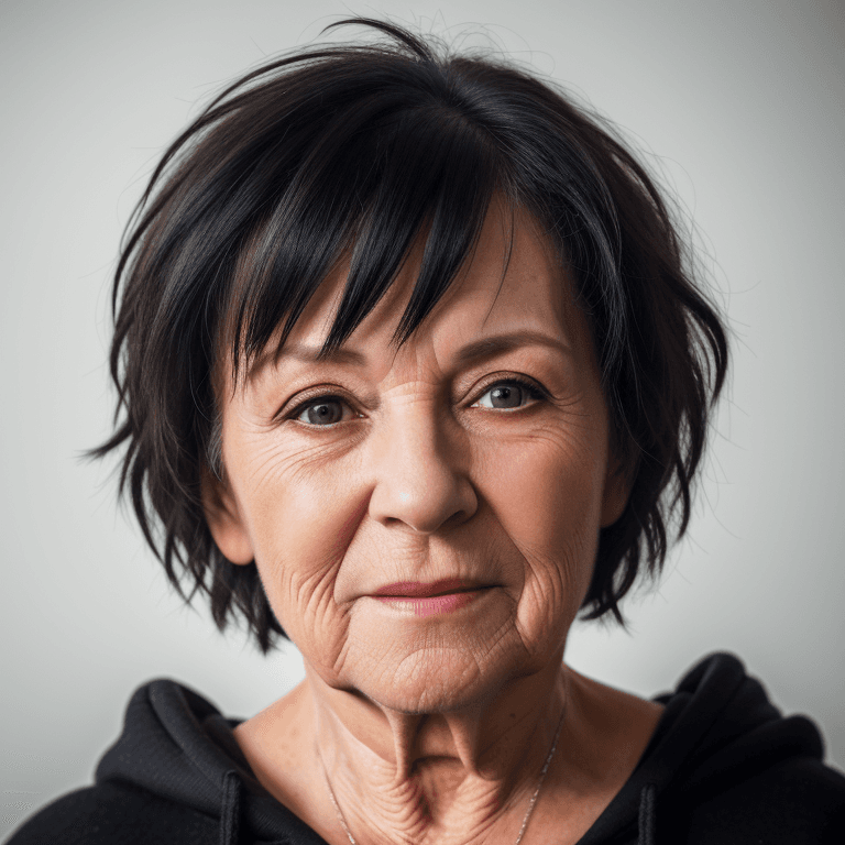 AI generated: hyper realistic headshot photo of a 65 year old woman, wearing a black hoodie, short hair,  looking ...