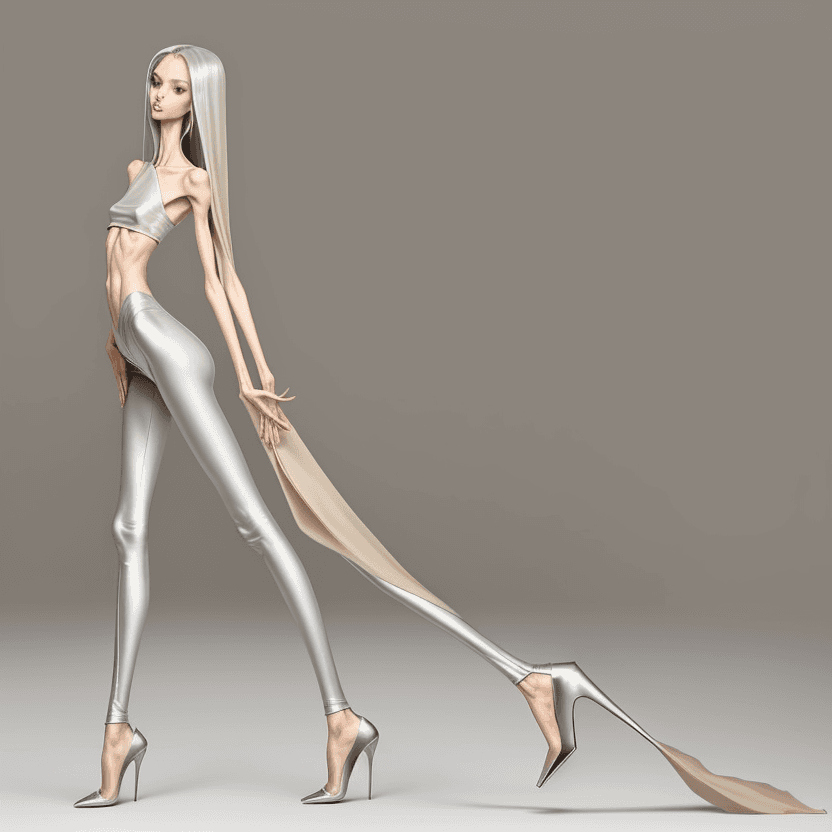 AI generated: photo of an extremely skinny, flat-chested model with extreme long and skinny legs with extreme long...