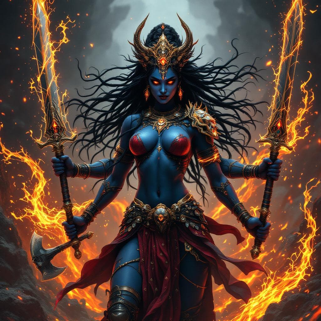 AI generated: An ultra-realistic, full-body portrait of Devi Kali captures her dark blue body —4 arms unfurled lik...