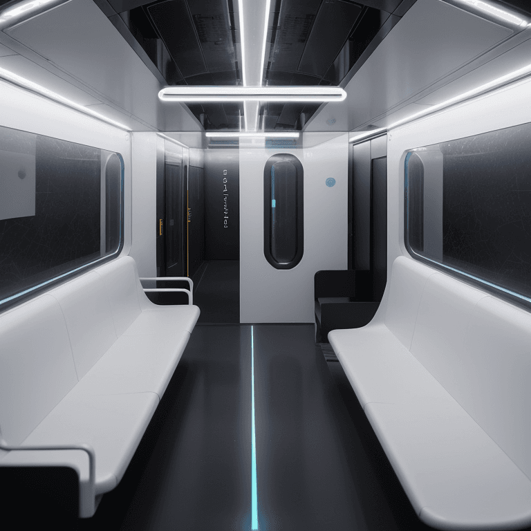 AI generated: A captivating image of a futuristic space train, designed with a minimalist aesthetic. The train app...