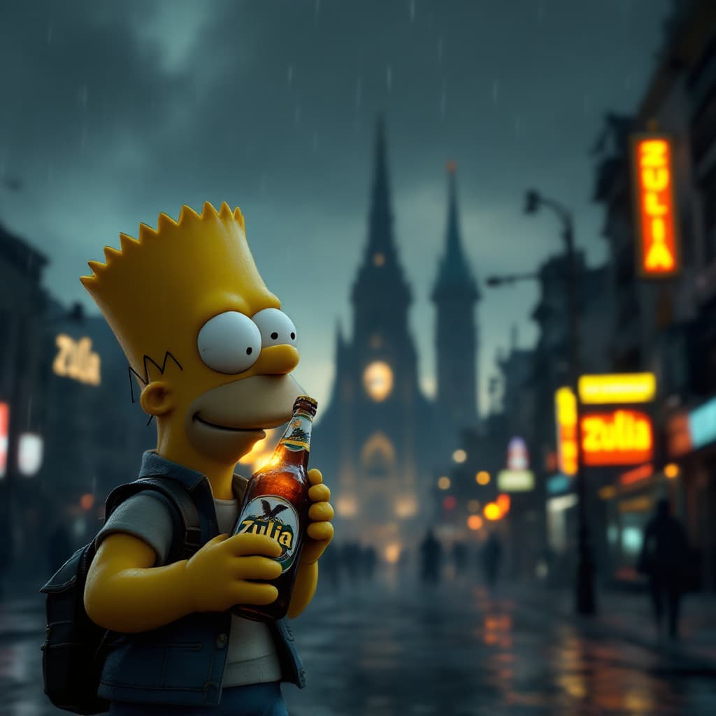 AI generated: 3D cartoon of Bart Simpson posing in a dark and rainy dystopian city in the rain, drinking a Zulia b...