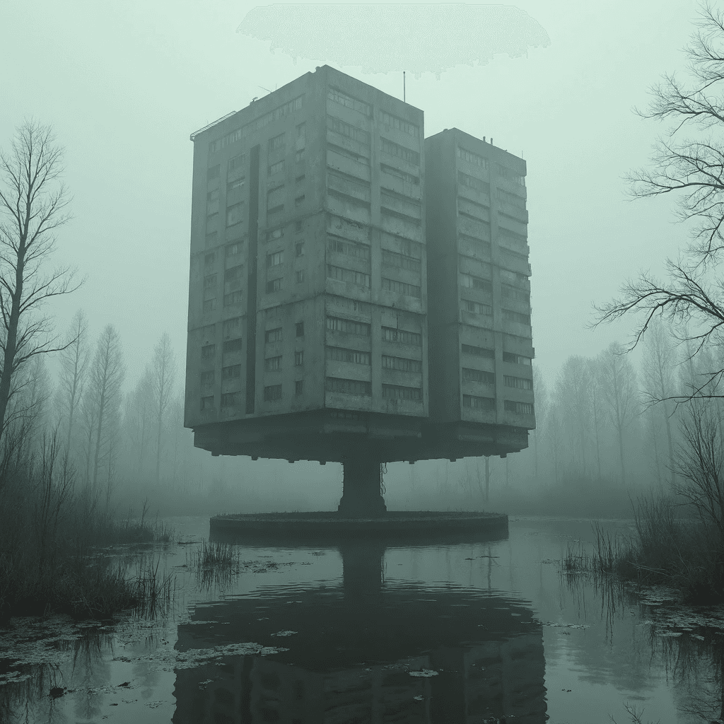 AI generated: A brutalist-style Soviet-era housing block is strangely balanced on a large circular lily pad in the...