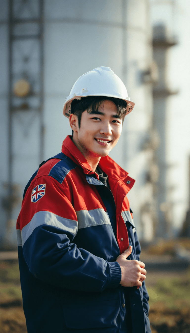 AI generated: A korean man with black undercut hair, and a worn a red and blue safety coverall for oil and gas wor...