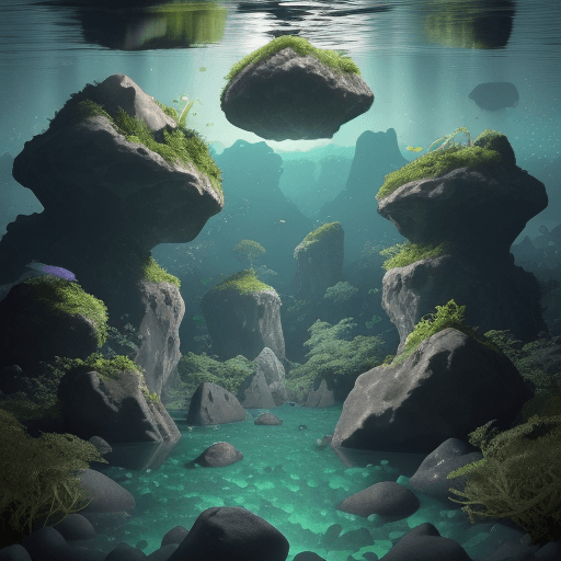 AI generated: A scenic view from the ground picture of floating rocks and lush vegetation in the deep sea. By Kare...