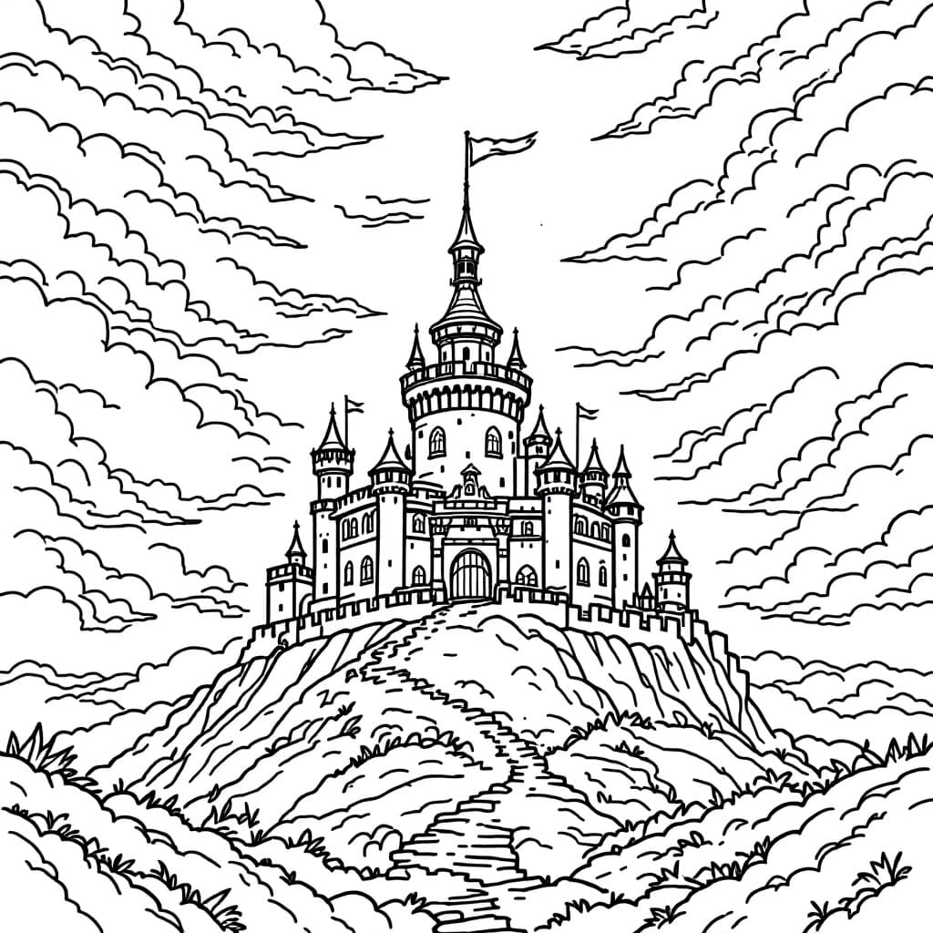 AI generated: Coloring book page,	A castle on a hill surrounded by clouds and banners, no color