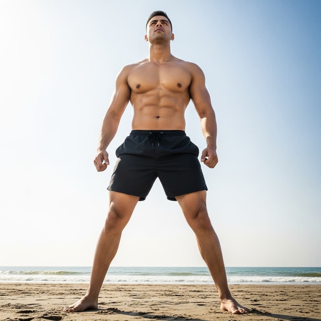 AI generated: Full-body low-angle shot of a handsome 30-year-old indian man with short hair, standing on a beach. ...