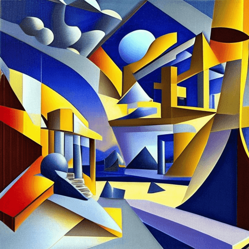 AI generated: Space landscape, cubism architecture garden room, surrealism, clouds, intricate