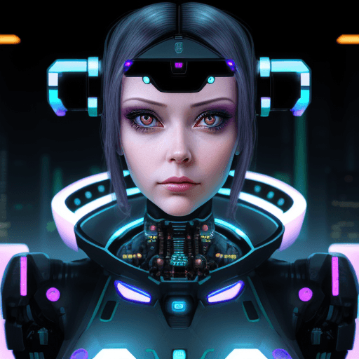 AI generated: The head of a cyberpunk artificial intelligence woman stares straight ahead