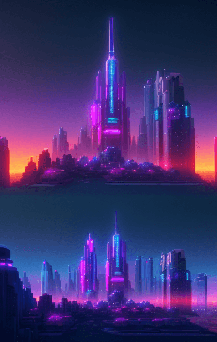 AI generated: panda, winter, futuristic synthwave city, retro sunset, crystals, spires, volumetric lighting, studi...