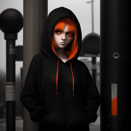 AI generated: emo girl in black hoodie with orange highlights in the hoodie. red eyes looking down. hands in hoodi...
