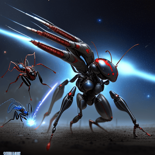 AI generated: 100 unit army, blue ant army group with silver armor invasion the planet, gun fire each other with r...