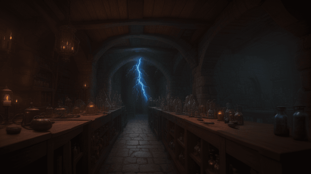 AI generated: "inside of wizard's Alchemist Workshop, (potions on the first set:1. 3), depth of field, medieval st...
