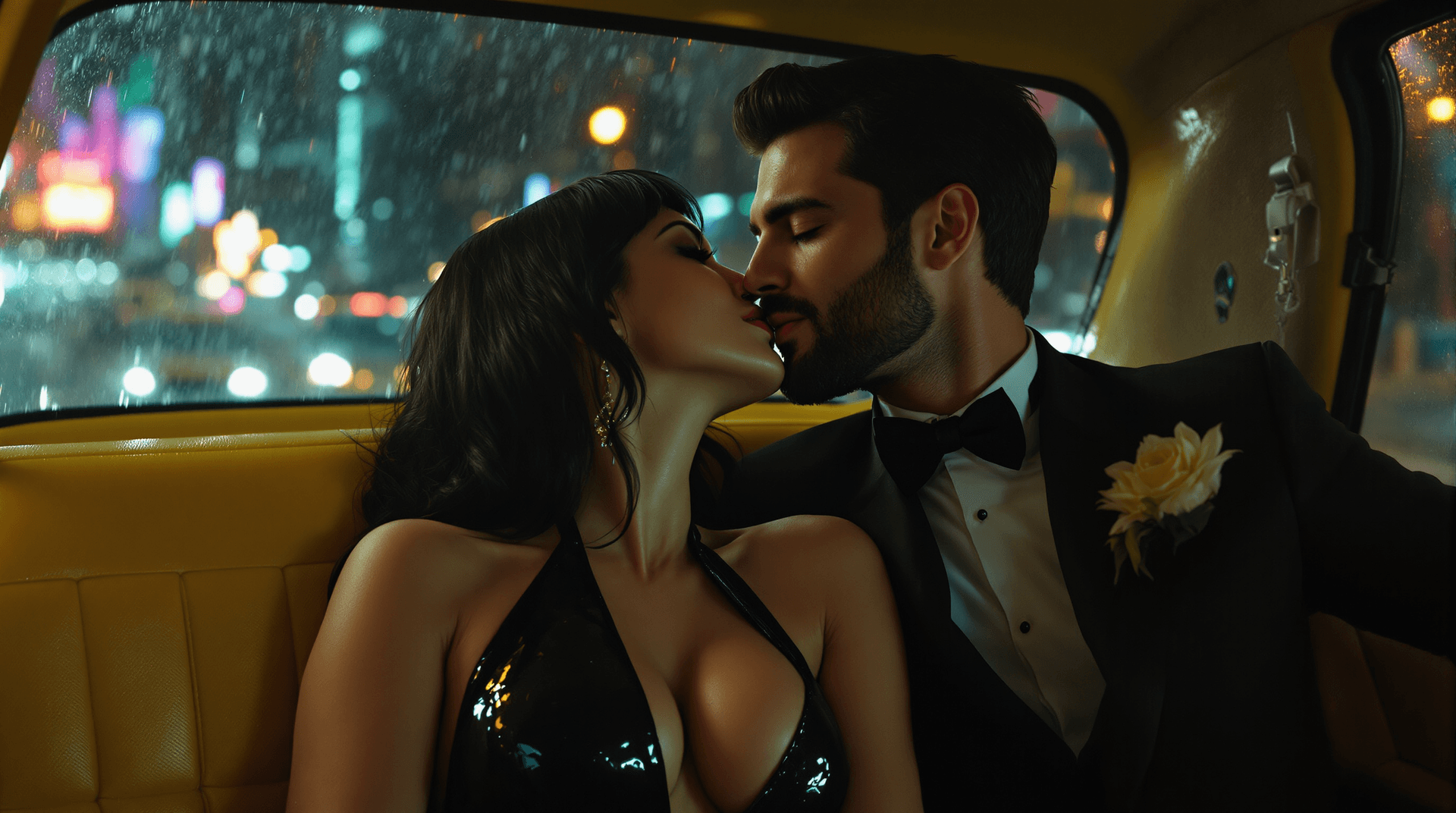 AI generated: Interior of a yellow cab at night. A Caucasian couple (Lilith and Jon) in the back seat. Lilith (plu...
