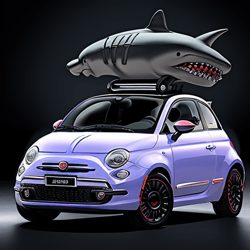 AI generated: Fiat 500 car with aggressive styling. Extra headlights. Ultraviolet. Sharks teeth. Unicorn