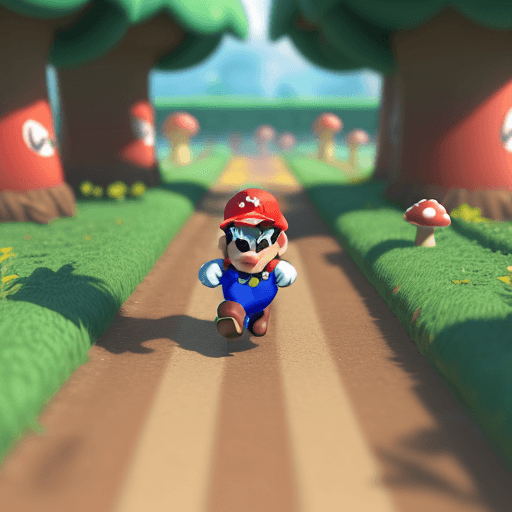 AI generated: Super-Mario running, Mushroom Kingdom background, 32k, closeup, trending on poltcount 3D, game --v 5...