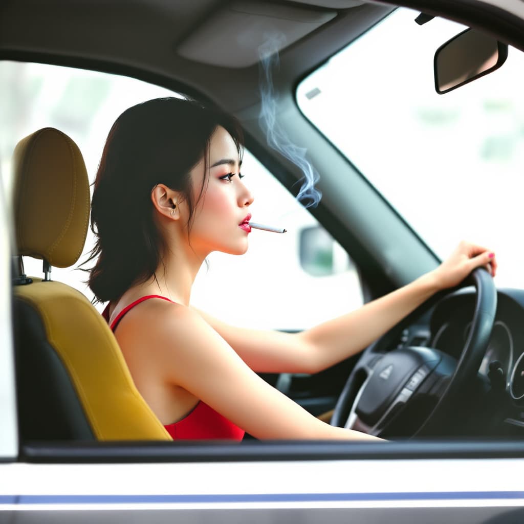 AI generated: Asian girl,  She is wearing red tank top,The woman is smoking a cigarette, which she holds in her ri...