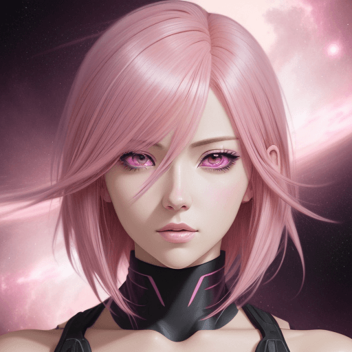 AI generated: anime style, Handsome woman with pink medium length hair, pink galaxy in her eyes, revealing her dee...