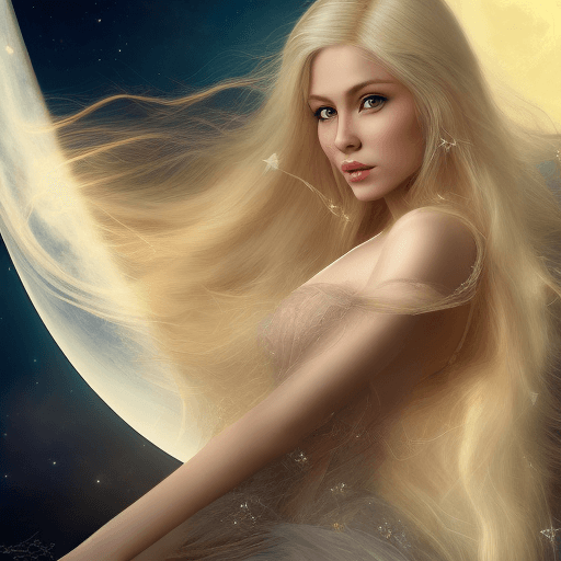AI generated: A beautiful blond woman sits on the crescent moon in space, stars all around her, in the fantasy art...