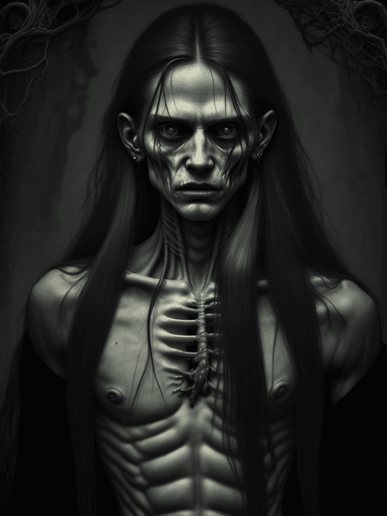 AI generated: man with Earing, long hair, skinny body, horror scene, eerie atmosphere, intricate, detailed, Amazin...