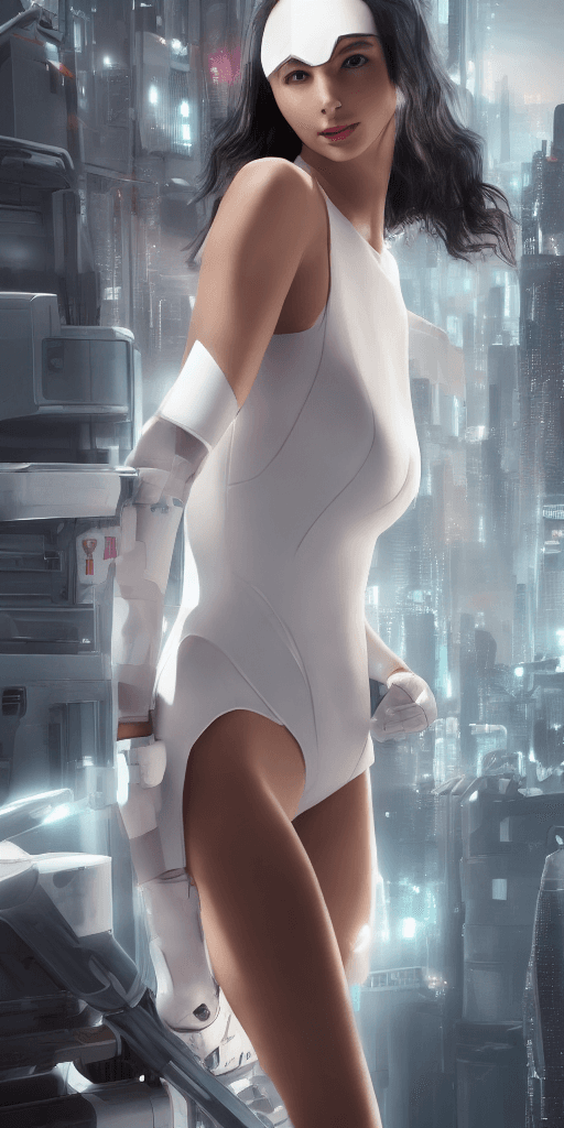 AI generated: (((Gal Gadot))), a woman in a sexy white jumpsuit, posing for a photo, cyberpunk art by Lü Ji, cgsoc...