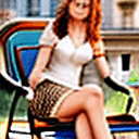 AI generated: beautiful stylish french woman, short skirt, no underwear , perky boobs, sitting in a chair, strappy...